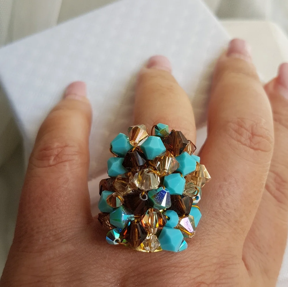 Swarovski Elements Large Turquoise Blue & Brown Cluster Statement Ring NWT